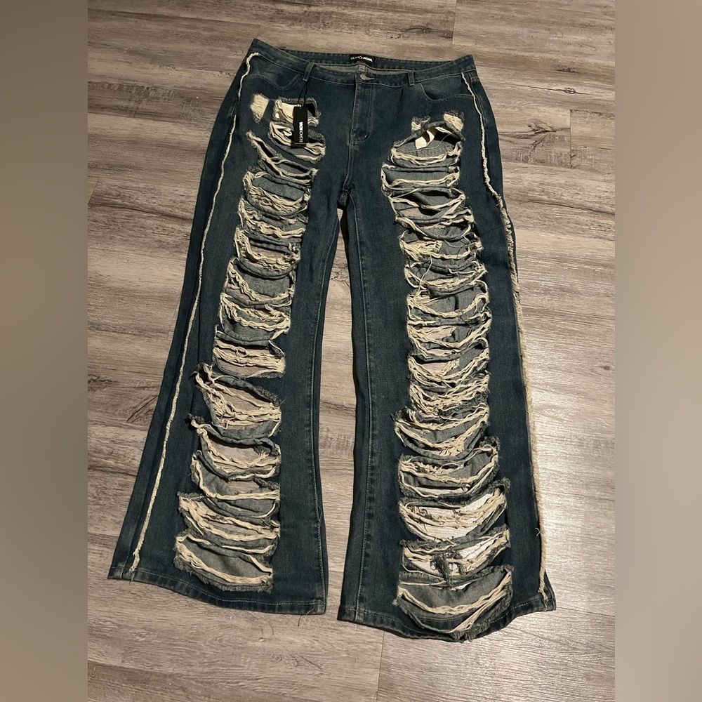 Fashion Nova Blue Distressed Flare Jeans - Picture 5 of 6